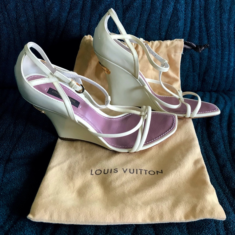 Authentic Louis Vuitton T-Strap High Wedge Sandals Sz 36.5/5.5 US